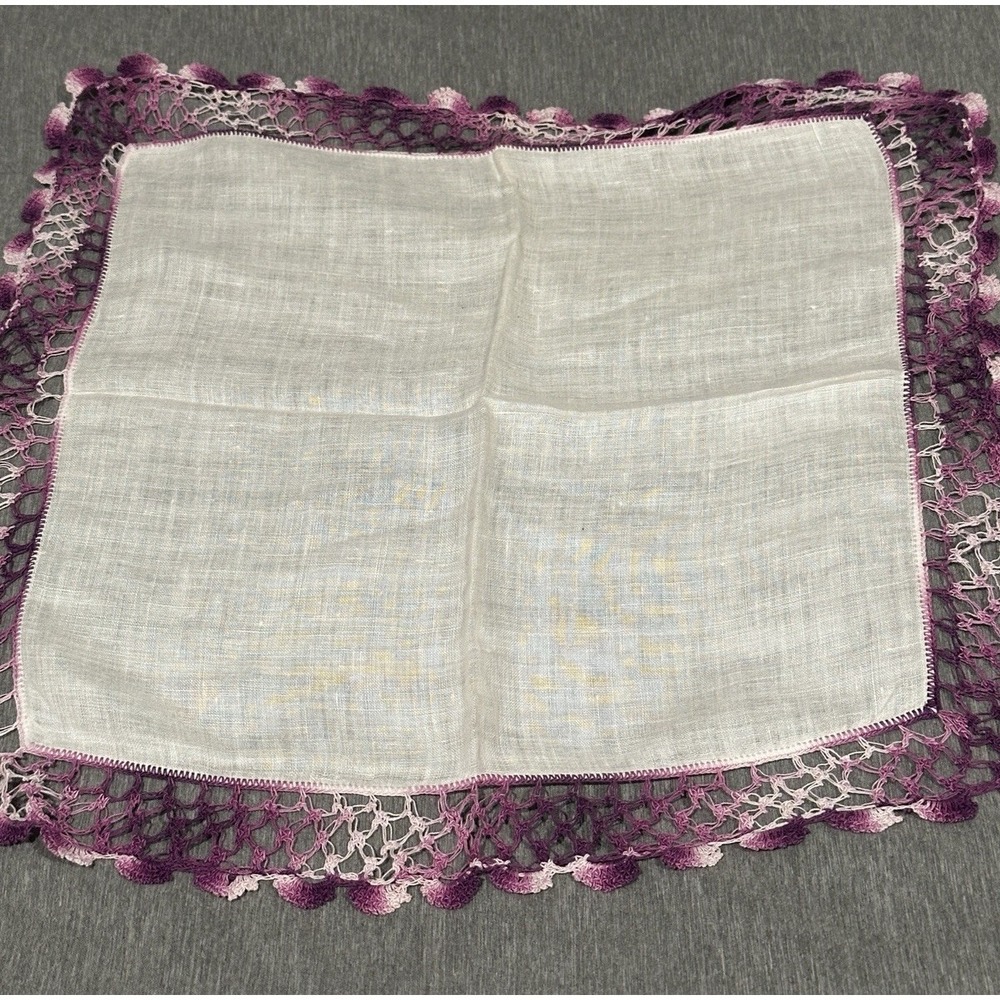 Vintage Ladies Handkerchief White w/ purple, lavender Ruffly Crocheted Trim‎